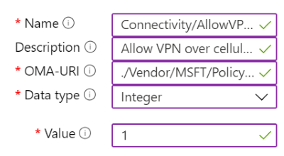 Create profile screen, with Settings tab selected and Custom OMA-URI Settings window shown.