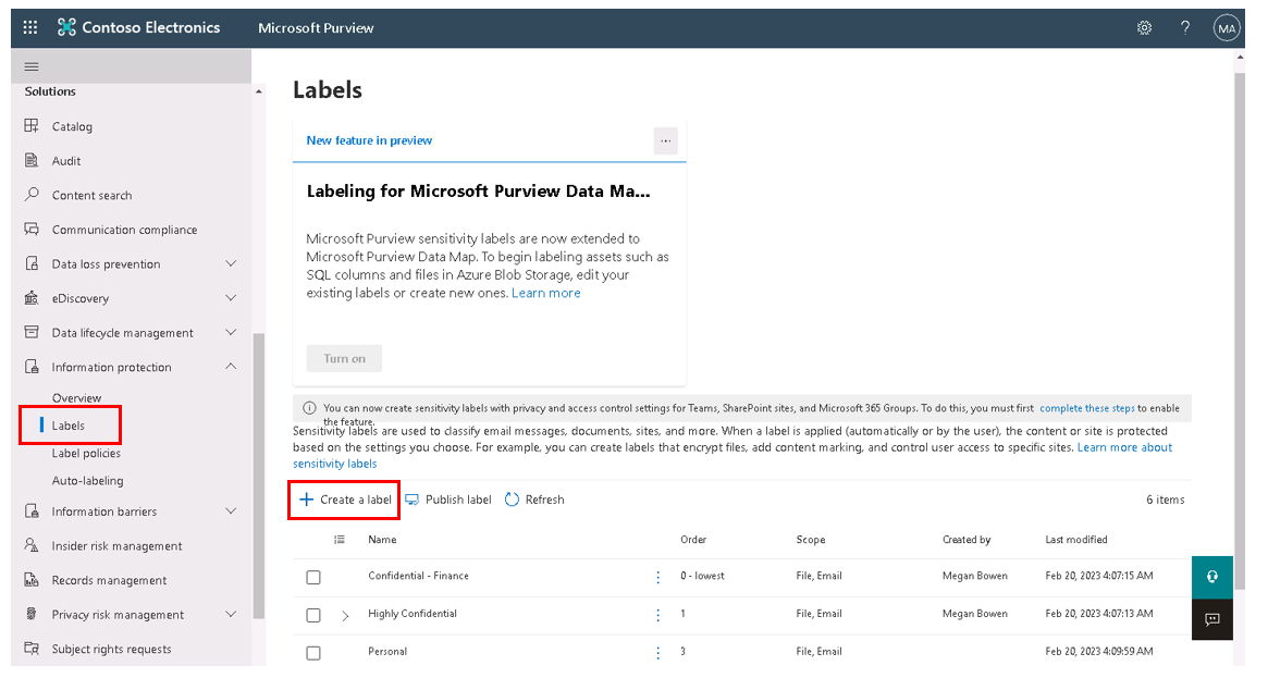 Screenshot of the Information protection menu showing the Labels page and the Create a label option highlighted.