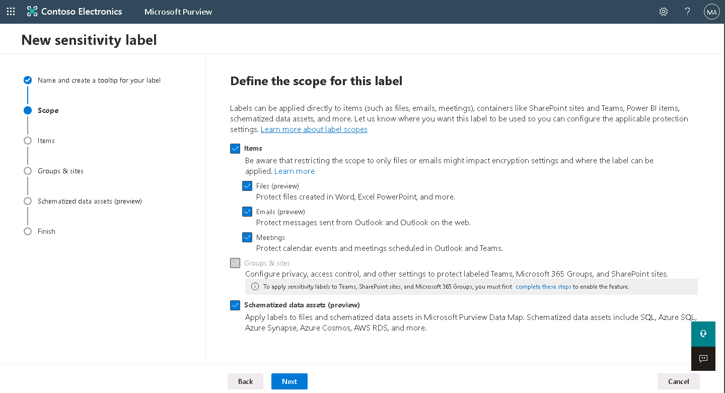 Screenshot of the Define the scope for this label page in the new sensitivity label wizard.