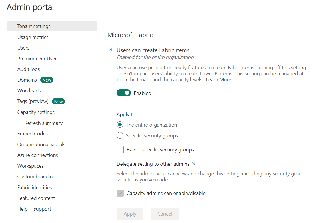 Screenshot of the Enable Fabric settings in the Fabric admin portal..