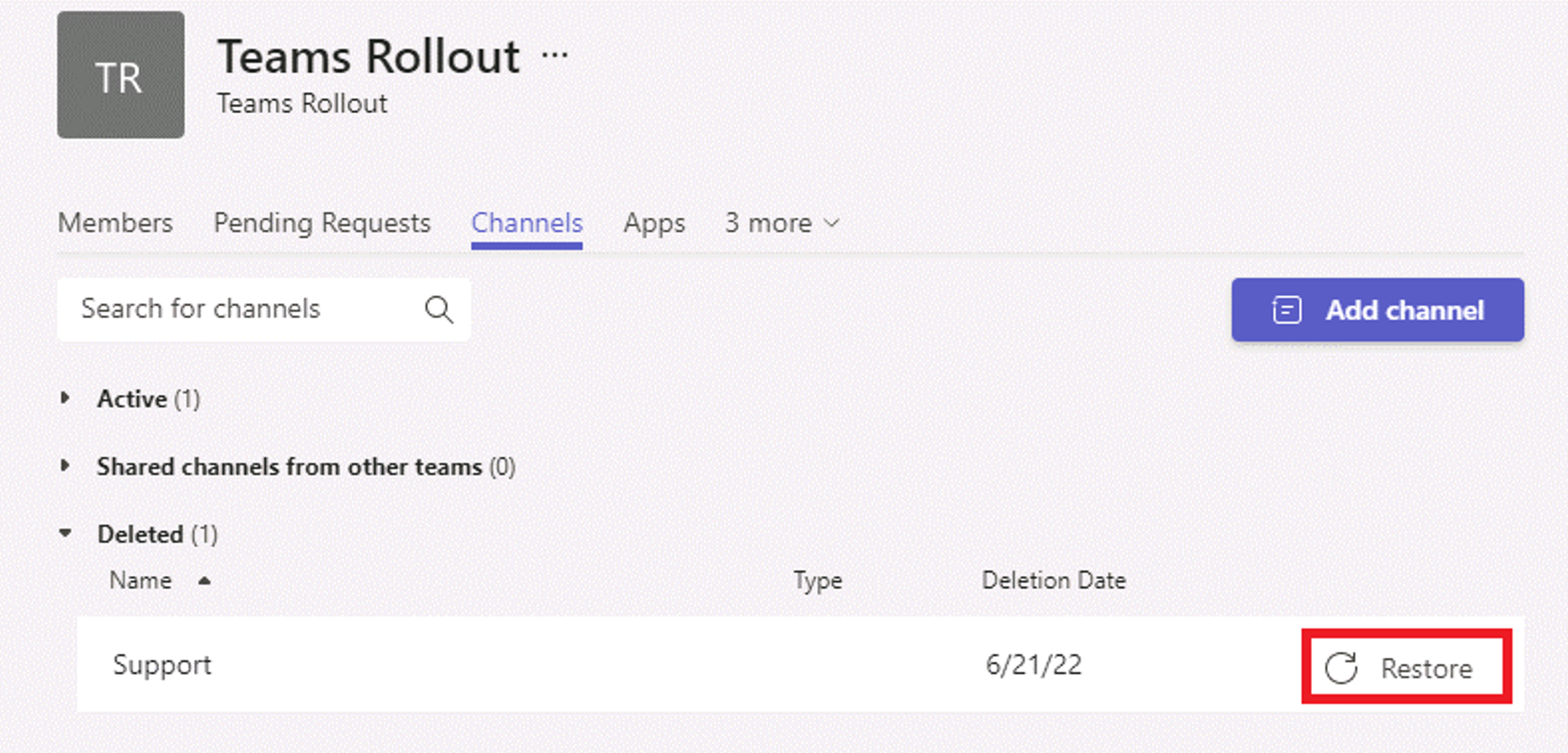  Screenshot of restore a deleted channel from Teams client.