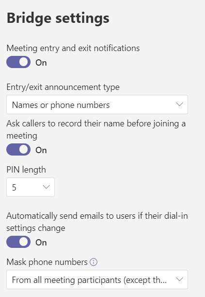 Screenshot of Conference Bridges settings.