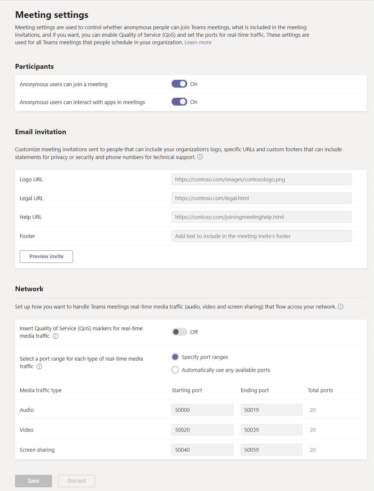 Screenshot of Meeting settings.