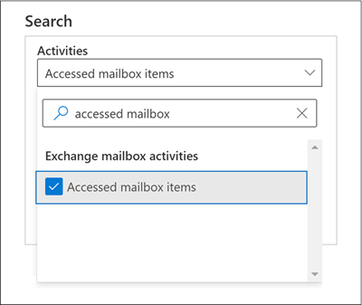 Screenshot of the Search window with the Accessed mailbox items option selected for the Activities setting.