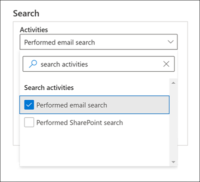 Screenshot of the Search window with the Performed email search option selected for the Activities setting.