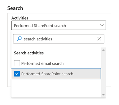 Screenshot of the Search window with the Performed SharePoint search option selected for the Activities setting.