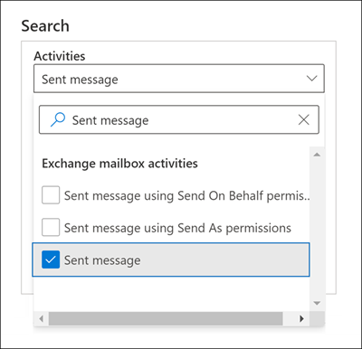 Screenshot of the Search window with the Sent message option selected for the Activities setting.