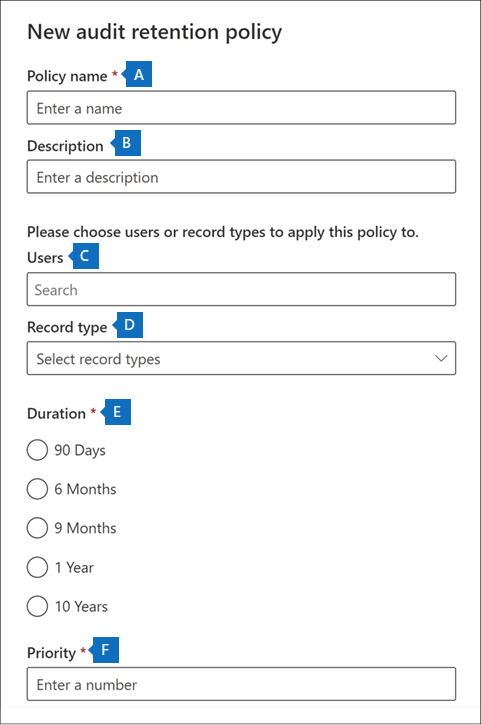 Screenshot showing the New audit retention policy window with several of the settings highlighted.