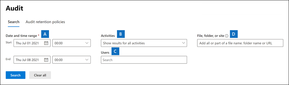 Screenshot of the Audit page in the Microsoft Purview compliance portal showing the various settings that can be configured.