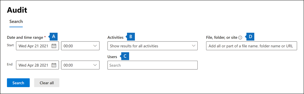 Screenshot of the Audit page on the Microsoft Purview compliance portal showing the audit log search settings.