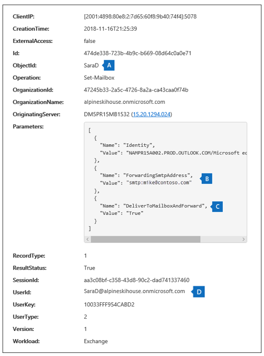 Screenshot of the search results page after selecting the More information option, and with fields from the audit record highlighted.