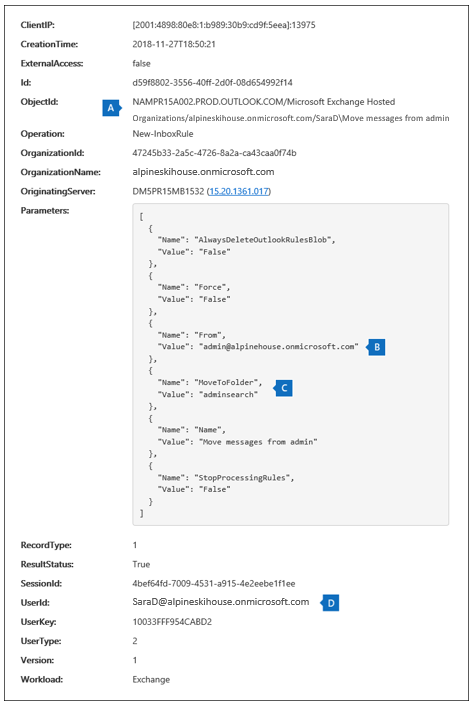 Screenshot of the Audit record for a new inbox rule that shows selected fields highlighted.