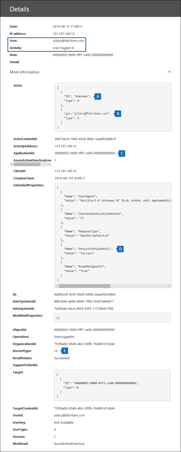 Screenshot of an Audit record for a successful pass-thru authentication and with selected fields highlighted.