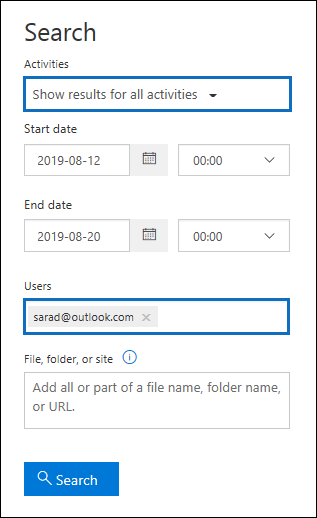 Screenshot of a content search window showing the fields to enter to search for all activities completed by an external user.