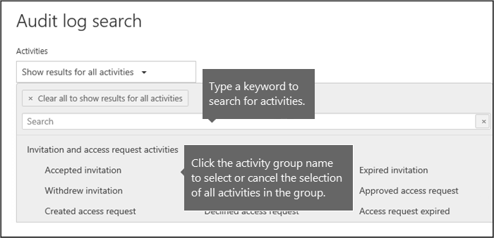 Screenshot showing the Audit Log search window with callout boxes displaying various search tips.