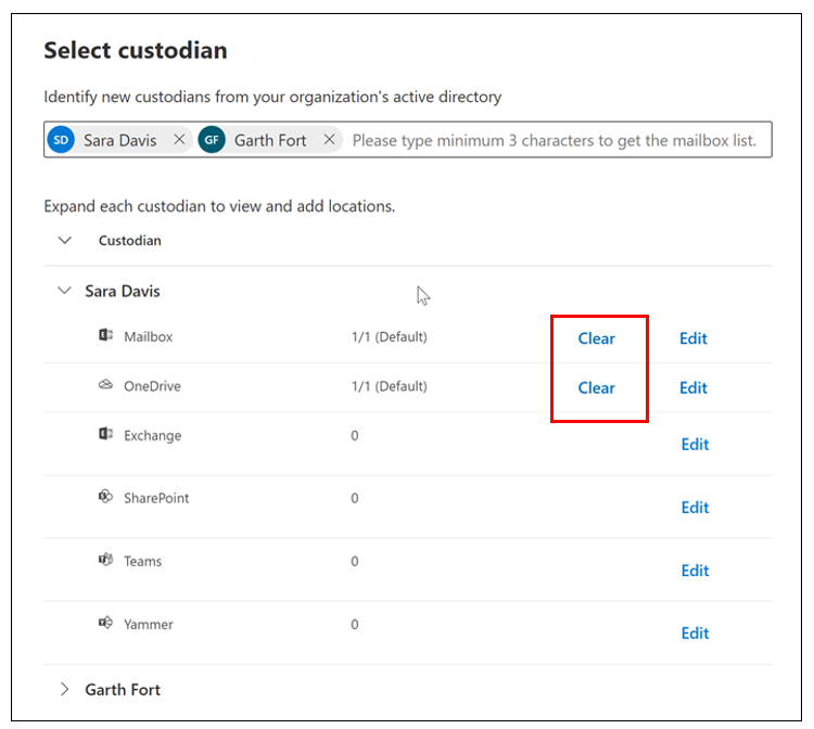 Screenshot of the Select custodian screen with the Clear option highlighted for the user's Exchange mailbox and OneDrive account.