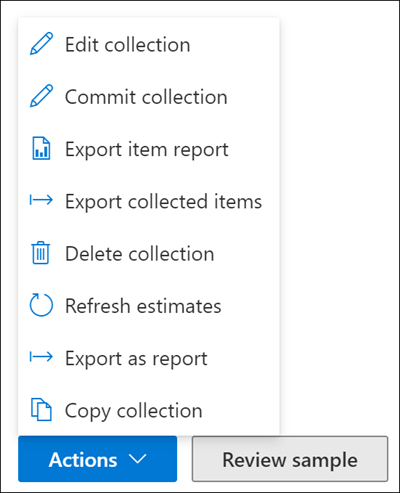 Screenshot showing the actions available for collection estimates.