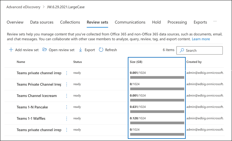 Screenshot showing the Review sets tab on the case detail page where the size of each review set is highlighted.