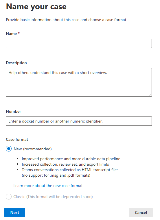 Screenshot showing the New eDiscovery Case form.