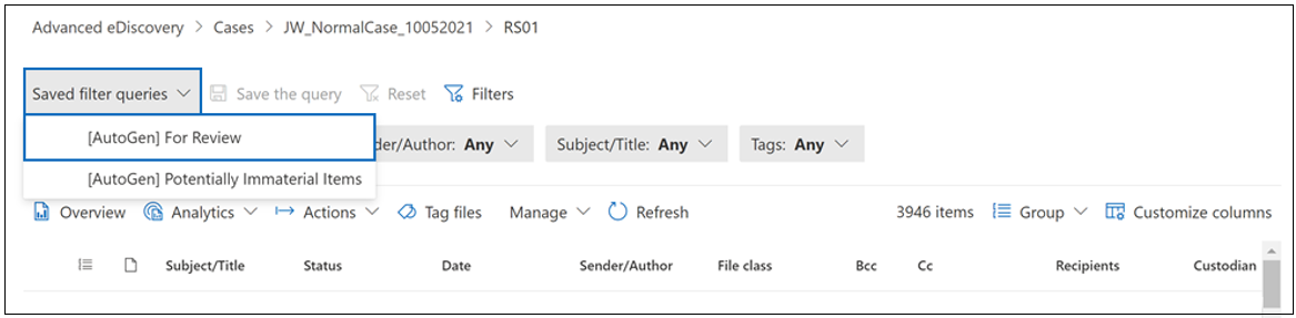 Screenshot of a review set showing the Saved filter queries option and the For Review option in the drop-down menu.