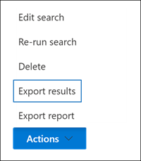 Screenshot showing the Action menu with the Export results option highlighted.