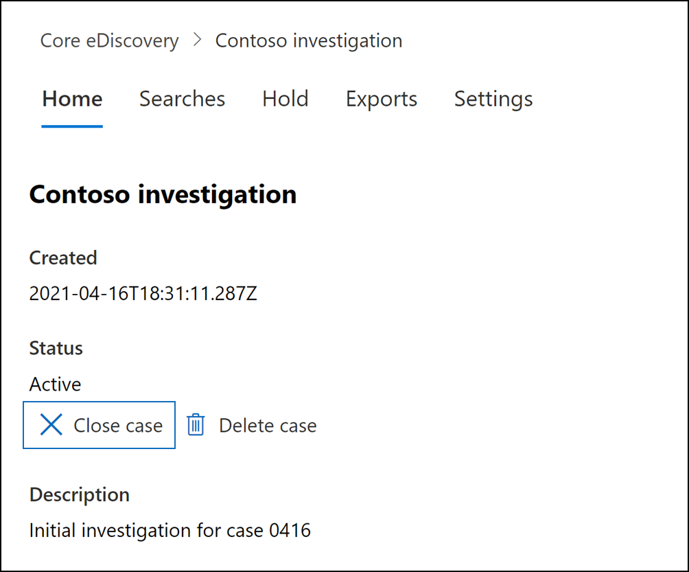 Screenshot of case's Home tab showing the Close case option highlighted.