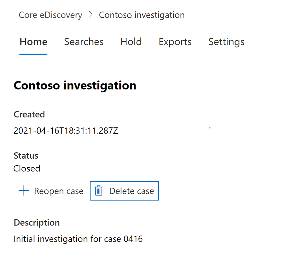 Screenshot of case's Home tab showing the Delete case option highlighted.