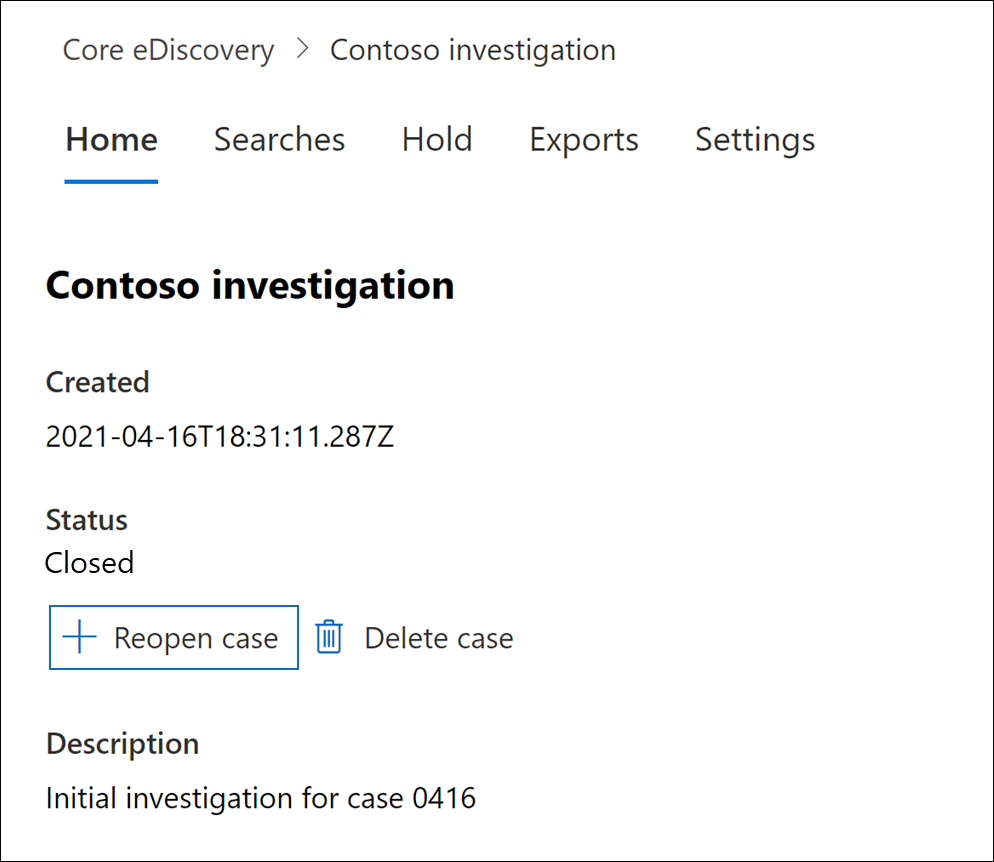 Screenshot of case's Home tab showing the Reopen case option highlighted.