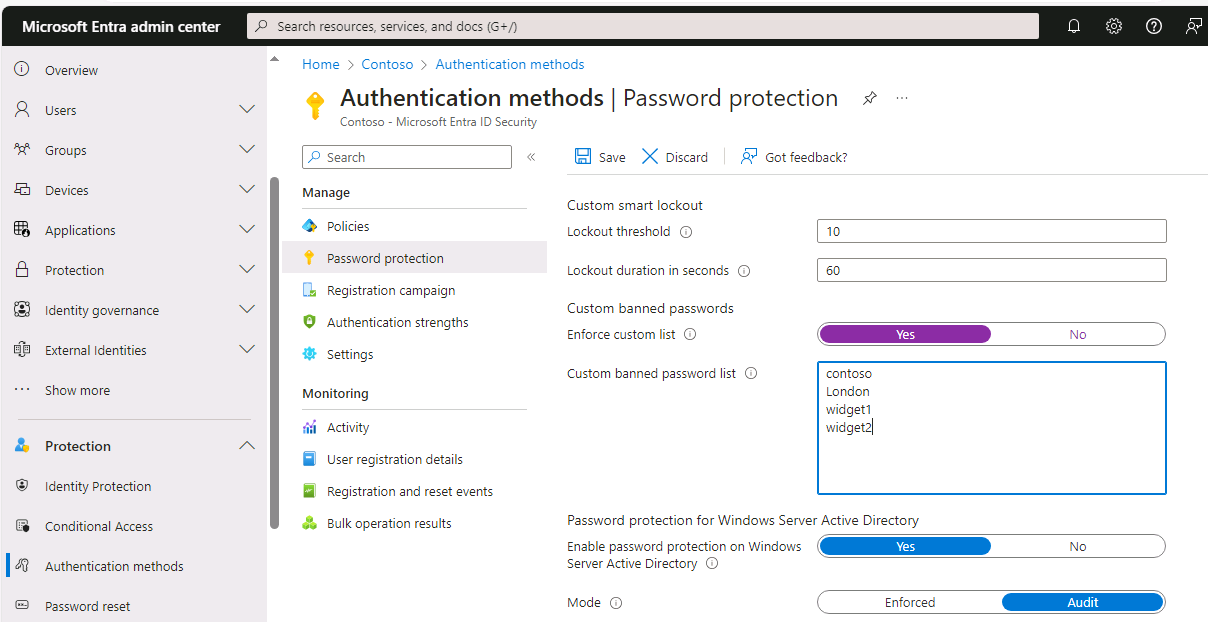 Screenshot of the Password protection page showing entries in the banned password list.