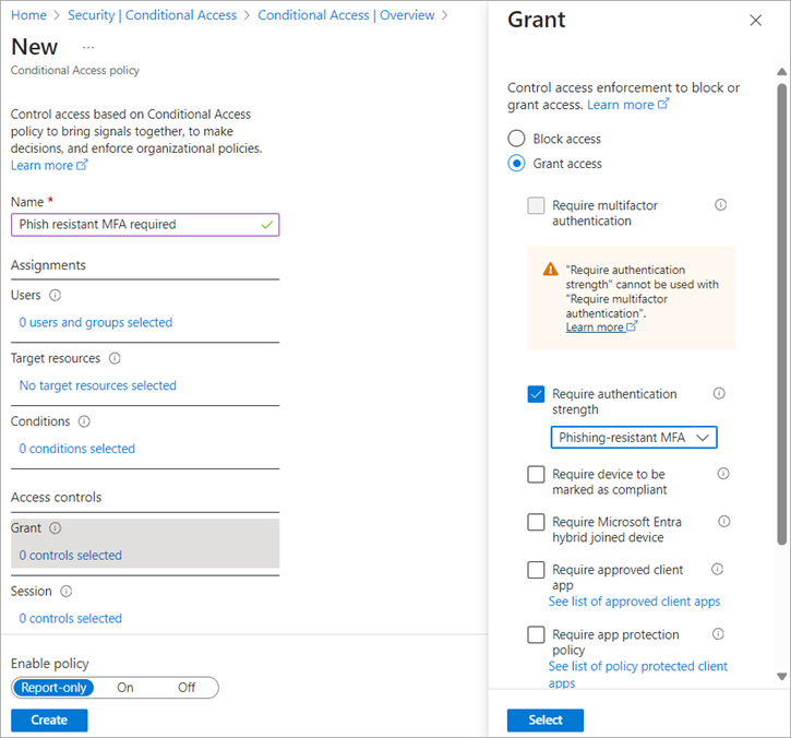 Screenshot showing the Grant pant for a Conditional Access policy.