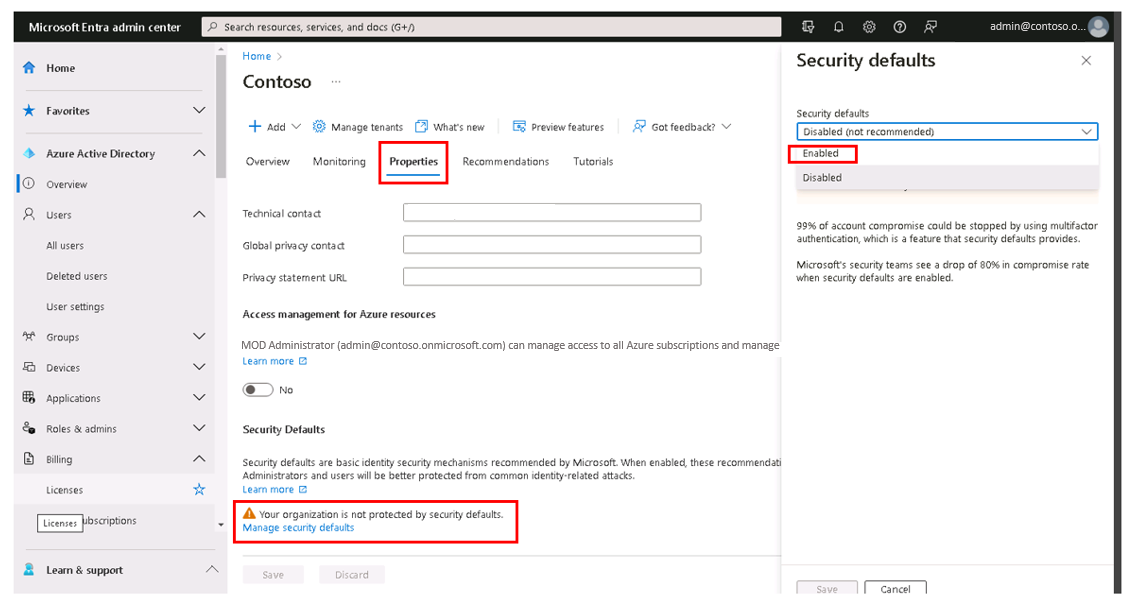 Screenshot showing the Security defaults pane in the Microsoft Entra admin center.