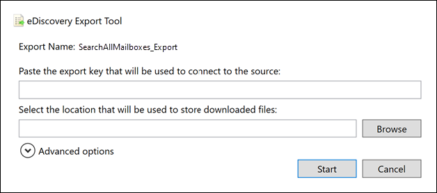 Screenshot showing the eDiscovery export tool window and the field for pasting in the export key.