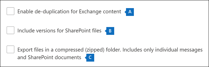 Screenshot showing the remaining export options that are described below this image.