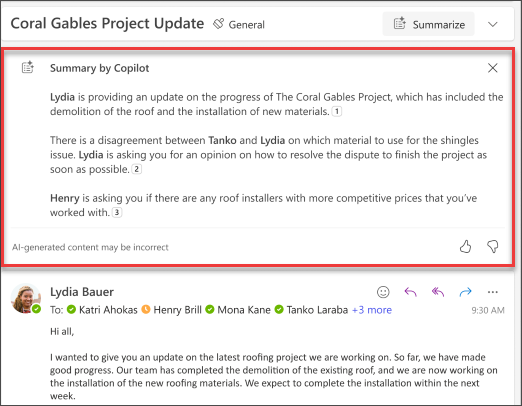 Screenshot of the Summary by Copilot results in Outlook.