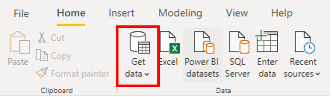 Screenshot of the Power BI portal showing the Get Data option selected.