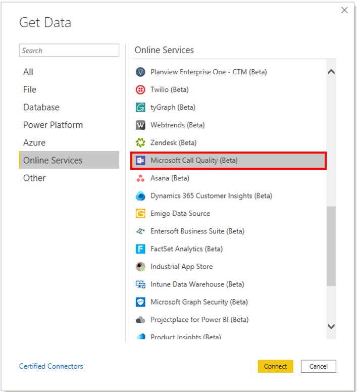 Screenshot of the Get Data window showing the Online Services tab and the Microsoft Call Quality option selected.