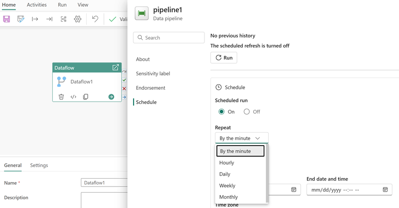 Screenshot of the pipeline schedule window for a dataflow.