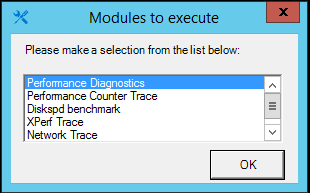 Screenshot of the Modules to execute dialog box, where Performance Diagnostics is selected.