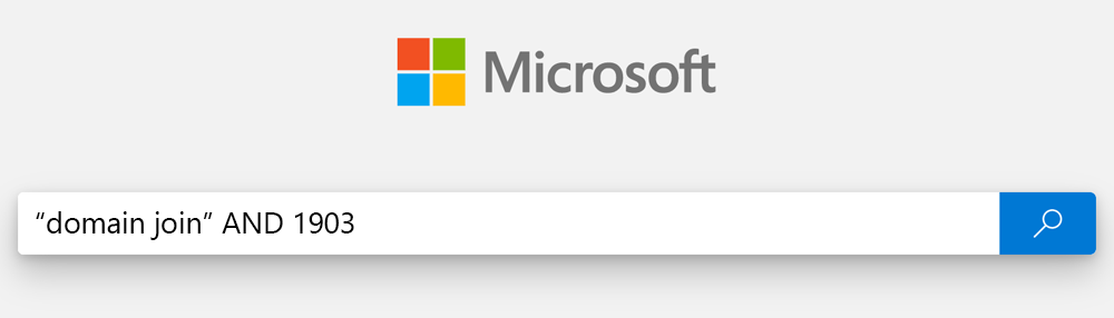 Screenshot of search box, where Domain join and 1903 is typed.