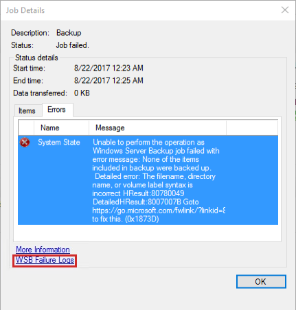 Screenshot of the job failed error for System State backup.