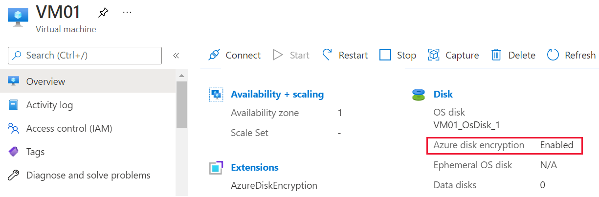 Screenshot of the overview blade for a V M in azure portal showing that A D E is enabled on the disk.