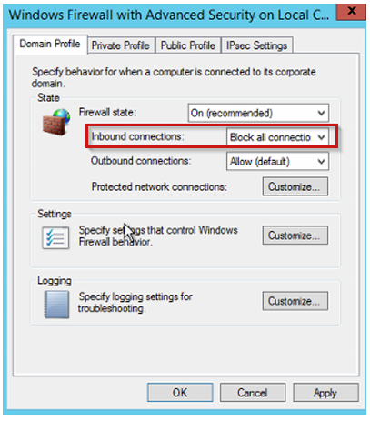 Screenshot of the block all inbound connections option under the Domain Profile tab of the firewall setting window.