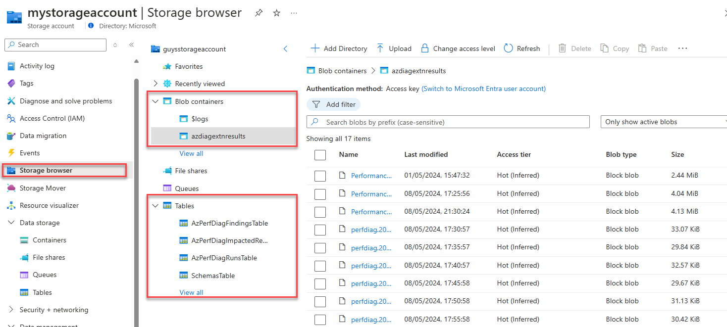 Screenshot of the storage account screen that shows the Performance Diagnostics insights and report files.