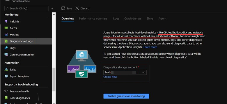 Screenshot of the Diagnostics storage account field in the Overview tab of the Diagnostic settings page.