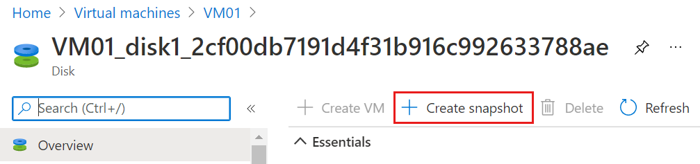 Screenshot of the overview blade of a disk with the create snapshot option highlighted.