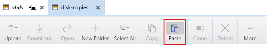 Screenshot of Azure Storage Explorer with the Paste button highlighted.