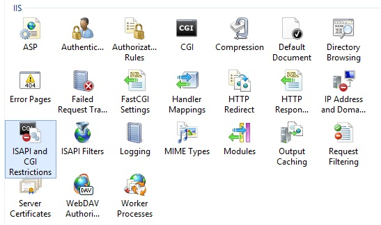 Screenshot of I I S Manager pane displaying I S A P I and C G I Restrictions selected.