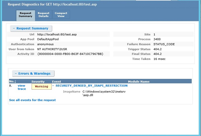 Screenshot of Request Summary page with the Errors and Warnings table displaying columns for Severity, Event and module Name.