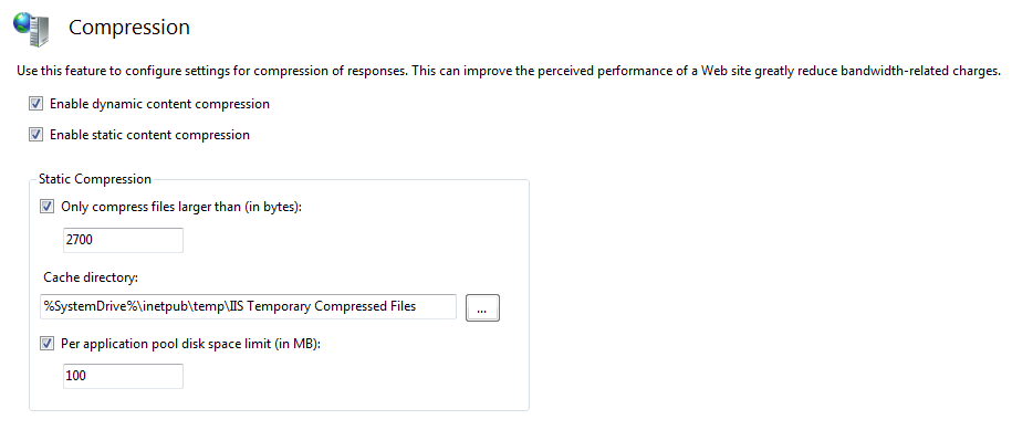 Screenshot of the enabled Compression options with the default values.