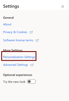 Screenshot that shows the Personalization Settings option.